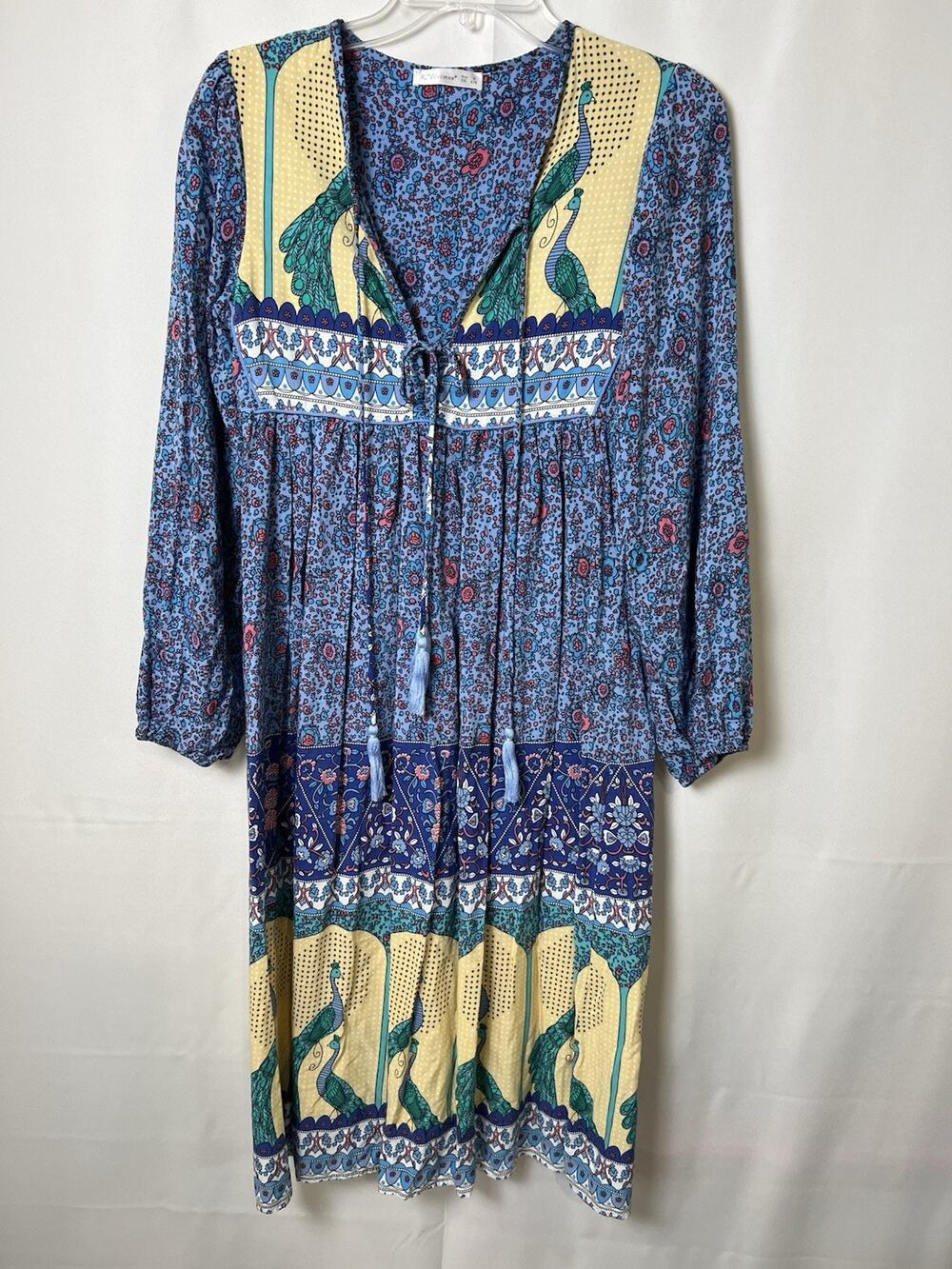 R.Vivimos Women Long Sleeve Floral Print V Neck Tassel Bohemian Midi Dress S 4/6